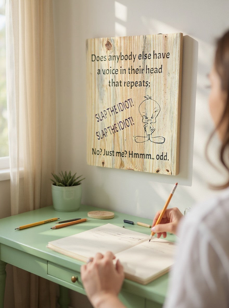 TK Wood Designs humorous wooden wall sign featuring Tweety Bird, displayed on a wall above a green desk.