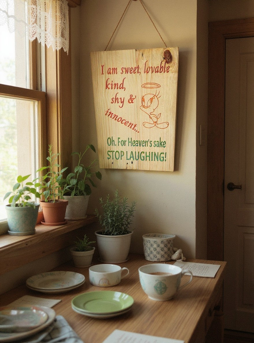 TK Wood Designs rustic wooden wall sign featuring Tweety Bird and a humorous quote hanging in a cozy sunlit room.