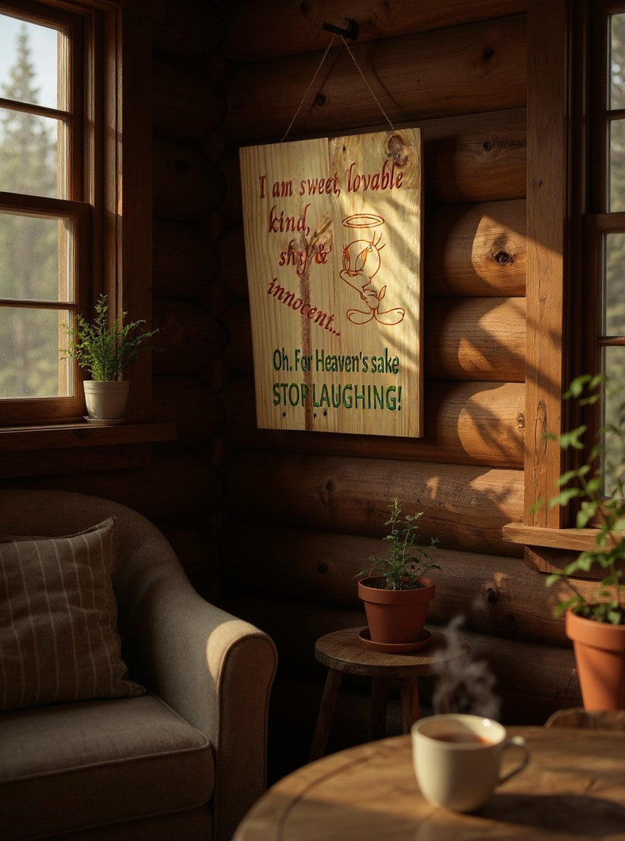 TK Wood Designs rustic wooden wall sign featuring Tweety Bird and a humorous quote hanging in a cozy log cabin room.