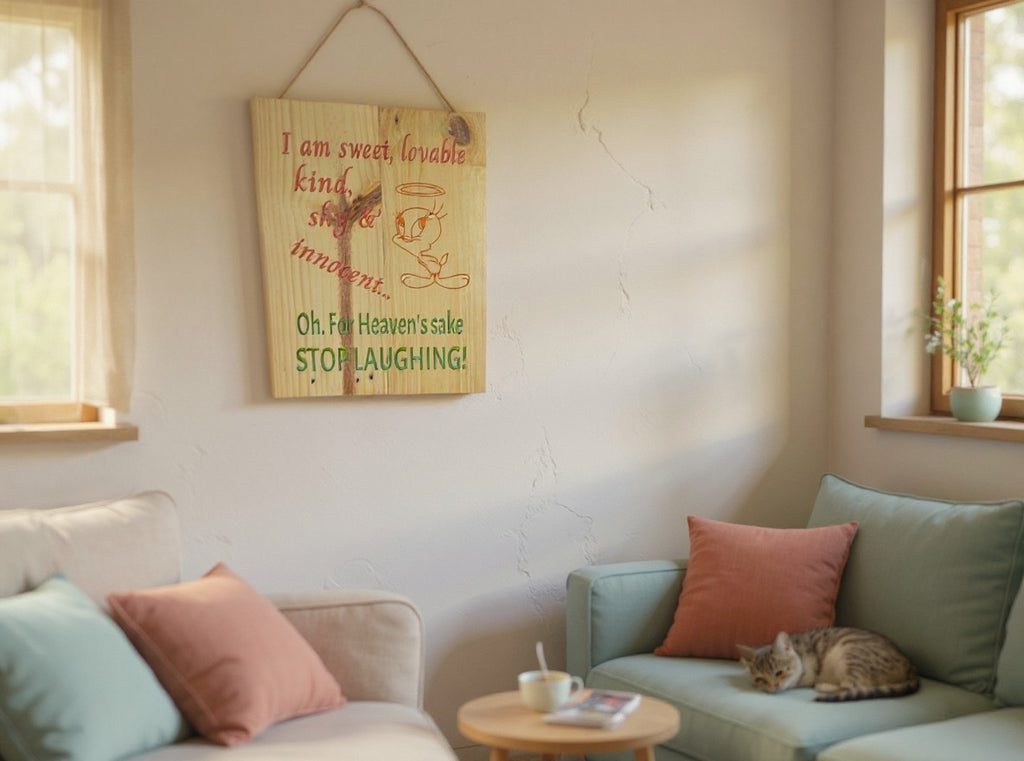 TK Wood Designs rustic wooden wall sign featuring Tweety Bird and a humorous quote hanging in a cozy living room.