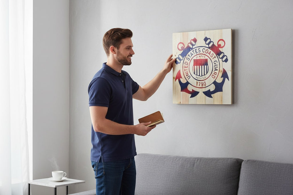 TK Wood Designs United States Coast Guard wooden wall art with anchors and shield emblem in red, white, and blue.