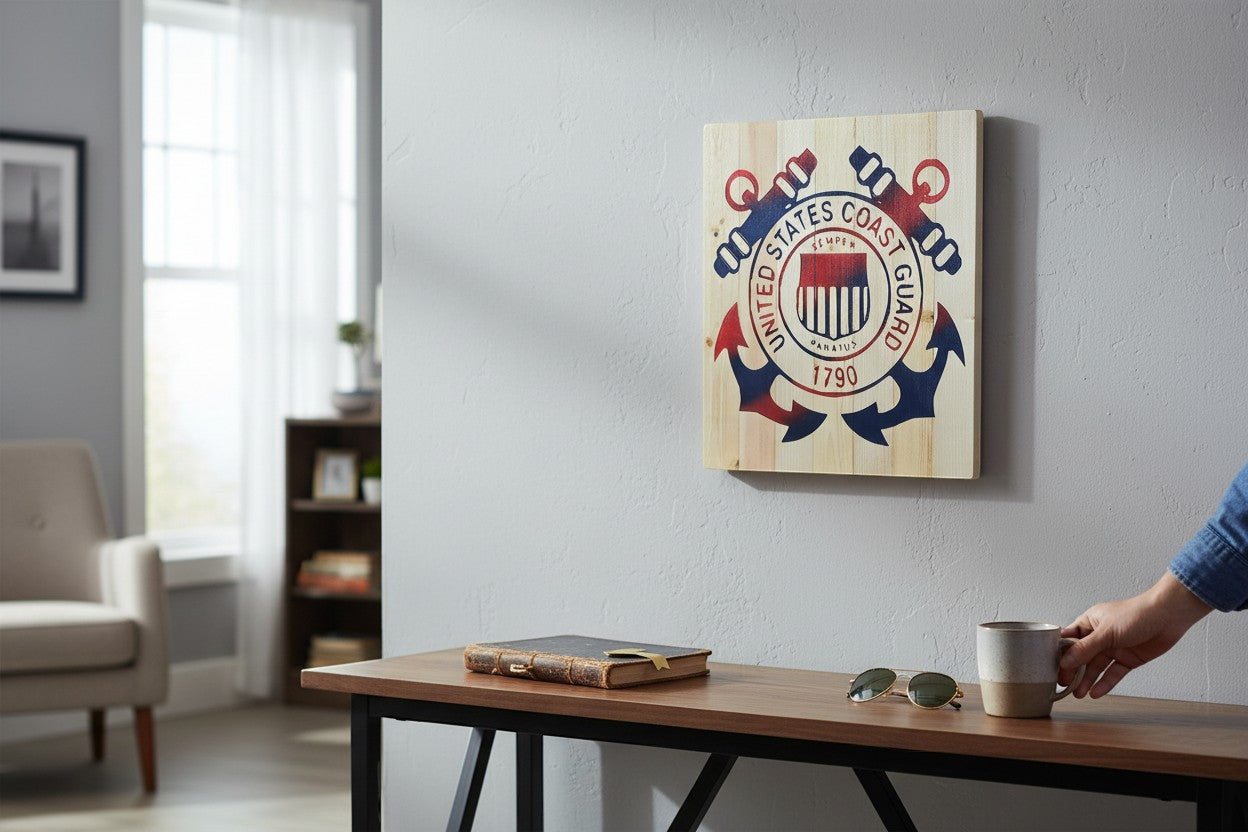 TK Wood Designs United States Coast Guard emblem on wood panel art. Red, white, and blue design with anchors and cannons.
