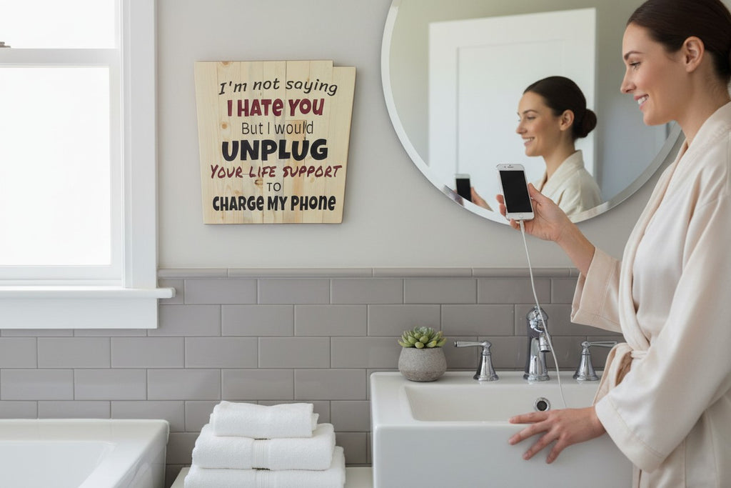 TK Wood Designs handmade wooden sign with humorous quote about unplugging to charge a phone. Natural wood finish.