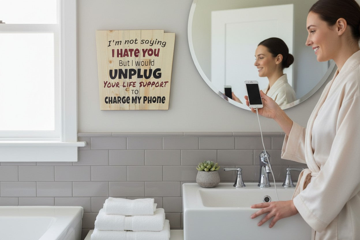 TK Wood Designs handmade wooden sign with humorous quote about unplugging to charge a phone. Natural wood finish.