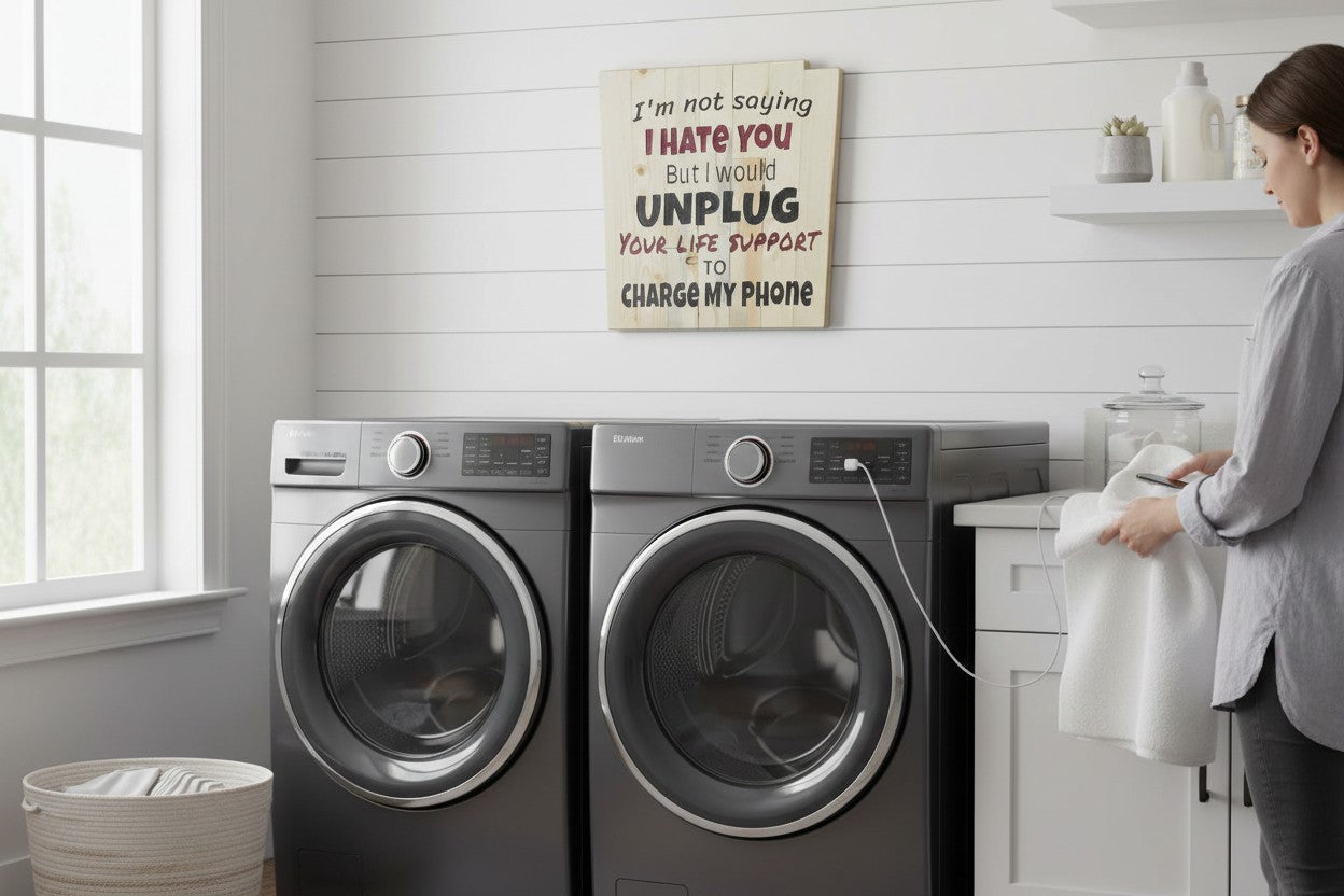 TK Wood Designs handmade wooden sign with humorous quote about unplugging to charge a phone. Natural wood finish.