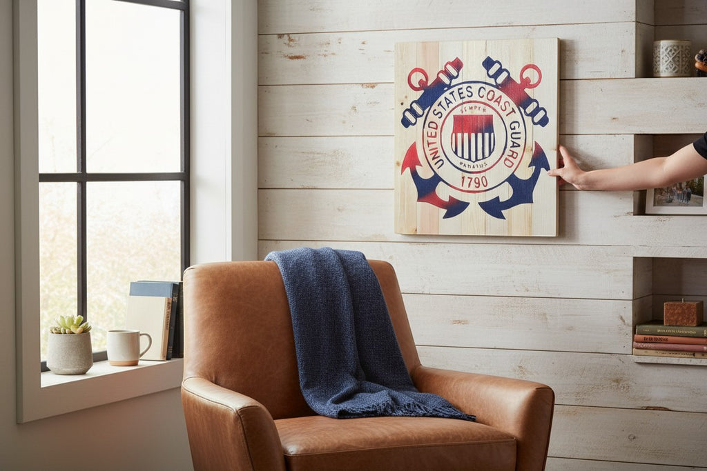 TK Wood Designs United States Coast Guard wooden wall art with anchor and cannons. Red, white, and blue.