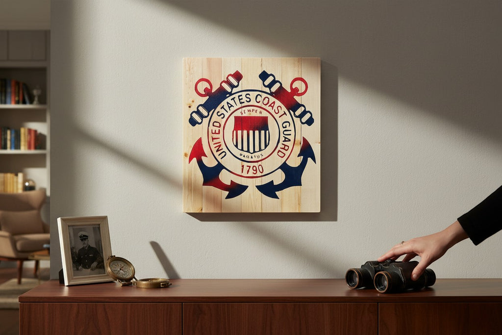 TK Wood Designs United States Coast Guard wooden wall art with anchor and cannons in red and blue.