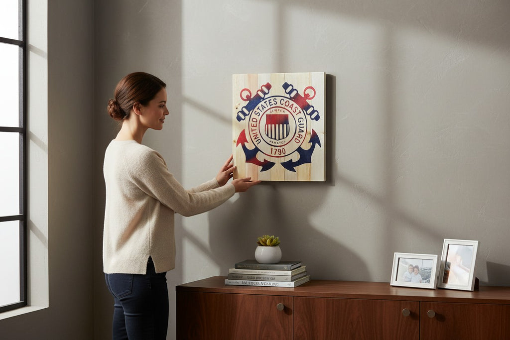 TK Wood Designs United States Coast Guard wooden wall art with anchors and shield emblem in red and blue.