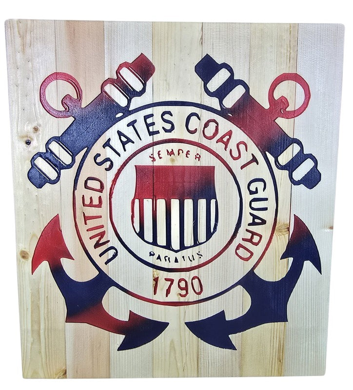 TK Wood Designs United States Coast Guard wooden sign with anchors and shield emblem in red and blue.