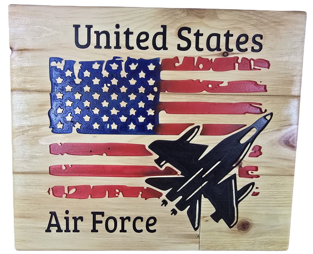 TK Wood Designs wooden wall art featuring a distressed American flag with a fighter jet silhouette and "United States Air Force" text.