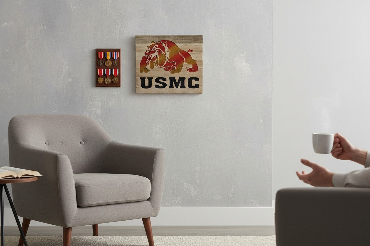 TK Wood Designs USMC bulldog carved wood sign, red and gold bulldog graphic with USMC text.