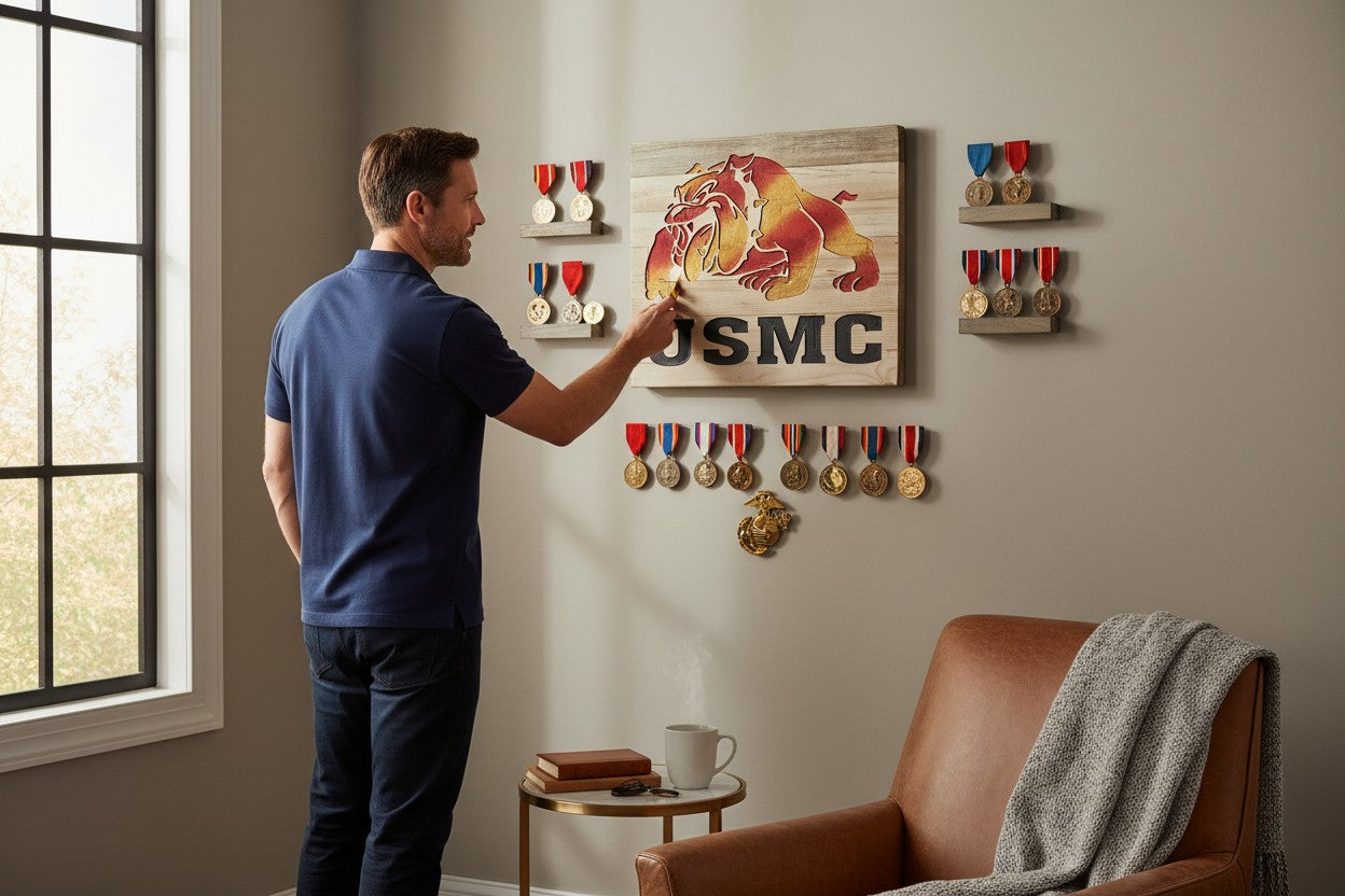 TK Wood Designs USMC Bulldog carved wood sign with red and gold coloring.