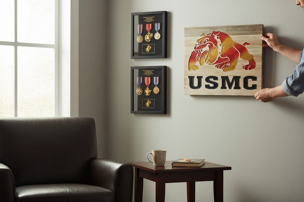 TK Wood Designs USMC bulldog carved wood wall art, red and gold bulldog with black USMC lettering.