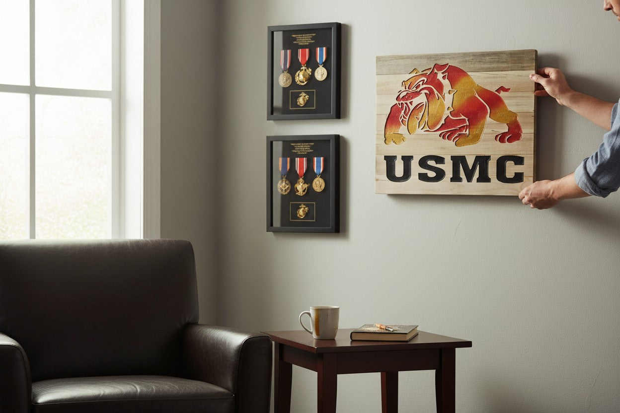 TK Wood Designs USMC bulldog carved wood wall art, red and gold bulldog with black USMC lettering.