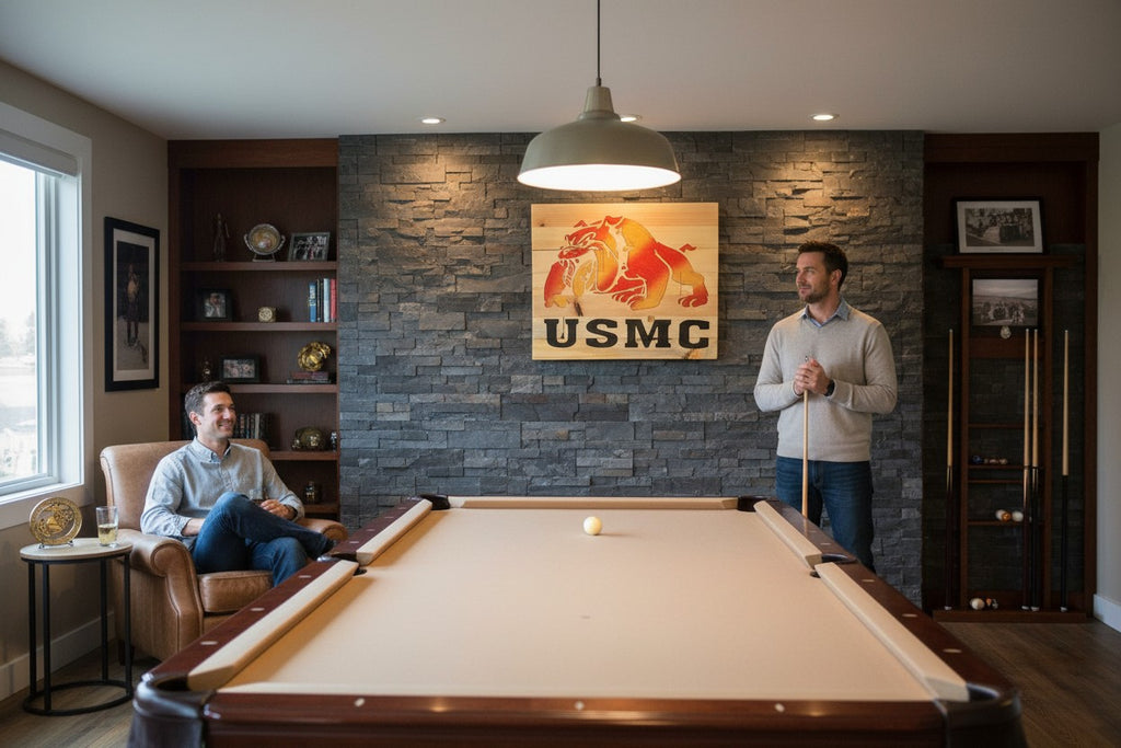 TK Wood Designs USMC bulldog logo carved into a light wood sign with red and gold gradient.