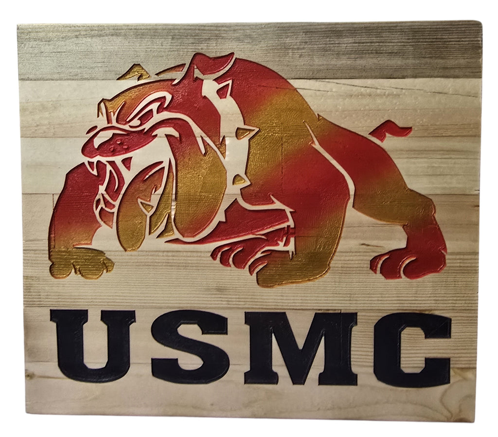 TK Wood Designs USMC Bulldog carved wooden wall art, red and gold bulldog with black USMC lettering.