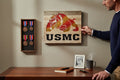 TK Wood Designs USMC Bulldog carved wooden wall art, red and gold bulldog with black USMC lettering.