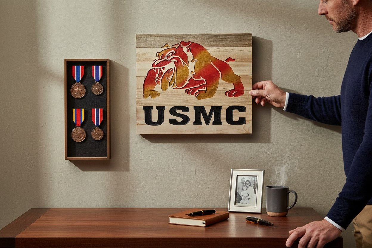 TK Wood Designs USMC Bulldog carved wooden wall art, red and gold bulldog with black USMC lettering.