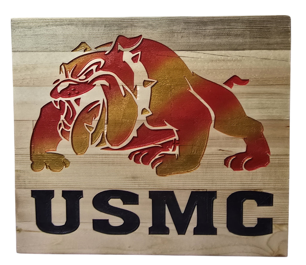 TK Wood Designs USMC bulldog carved wooden wall art, red and gold.