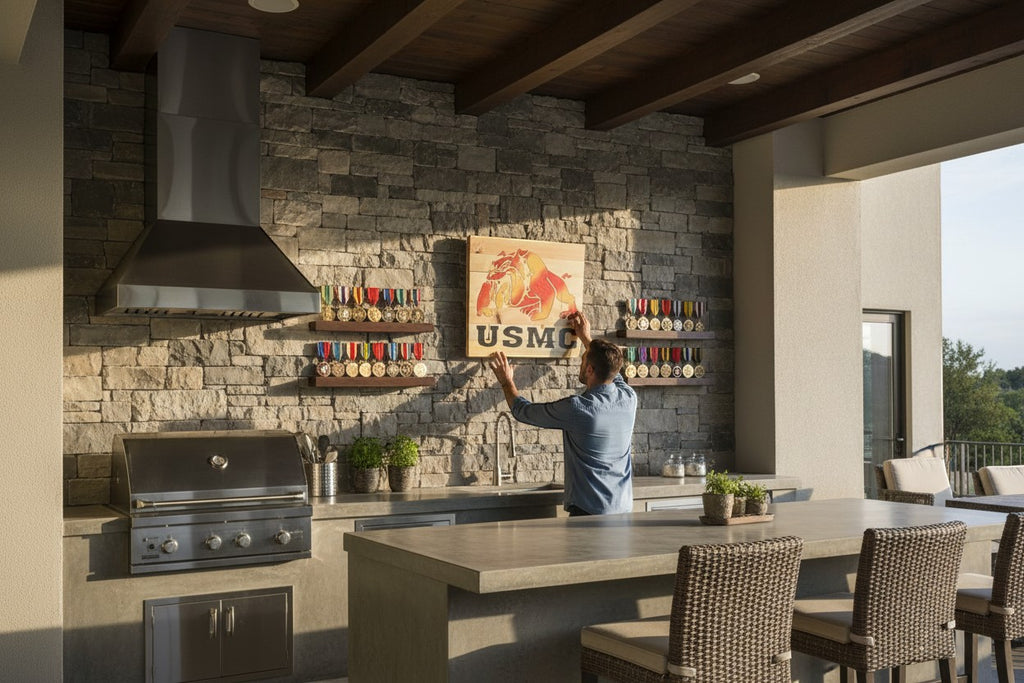 TK Wood Designs USMC bulldog wood wall art with red and yellow emblem on natural wood planks.