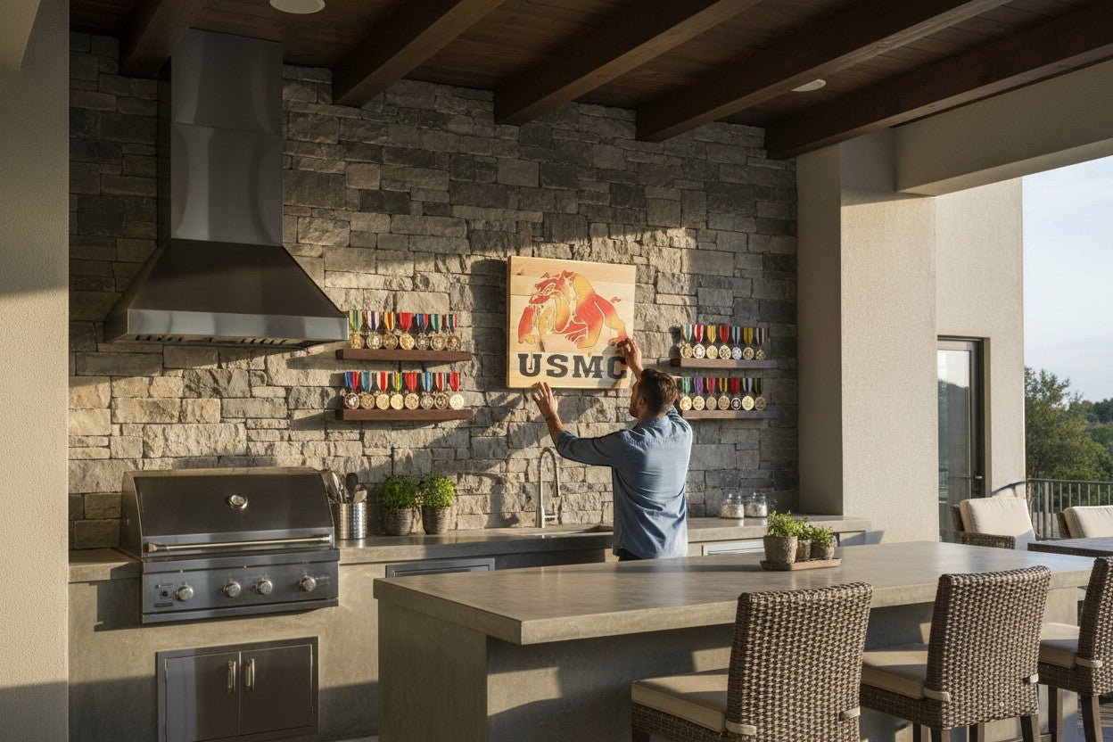 TK Wood Designs USMC bulldog wood wall art with red and yellow emblem on natural wood planks.