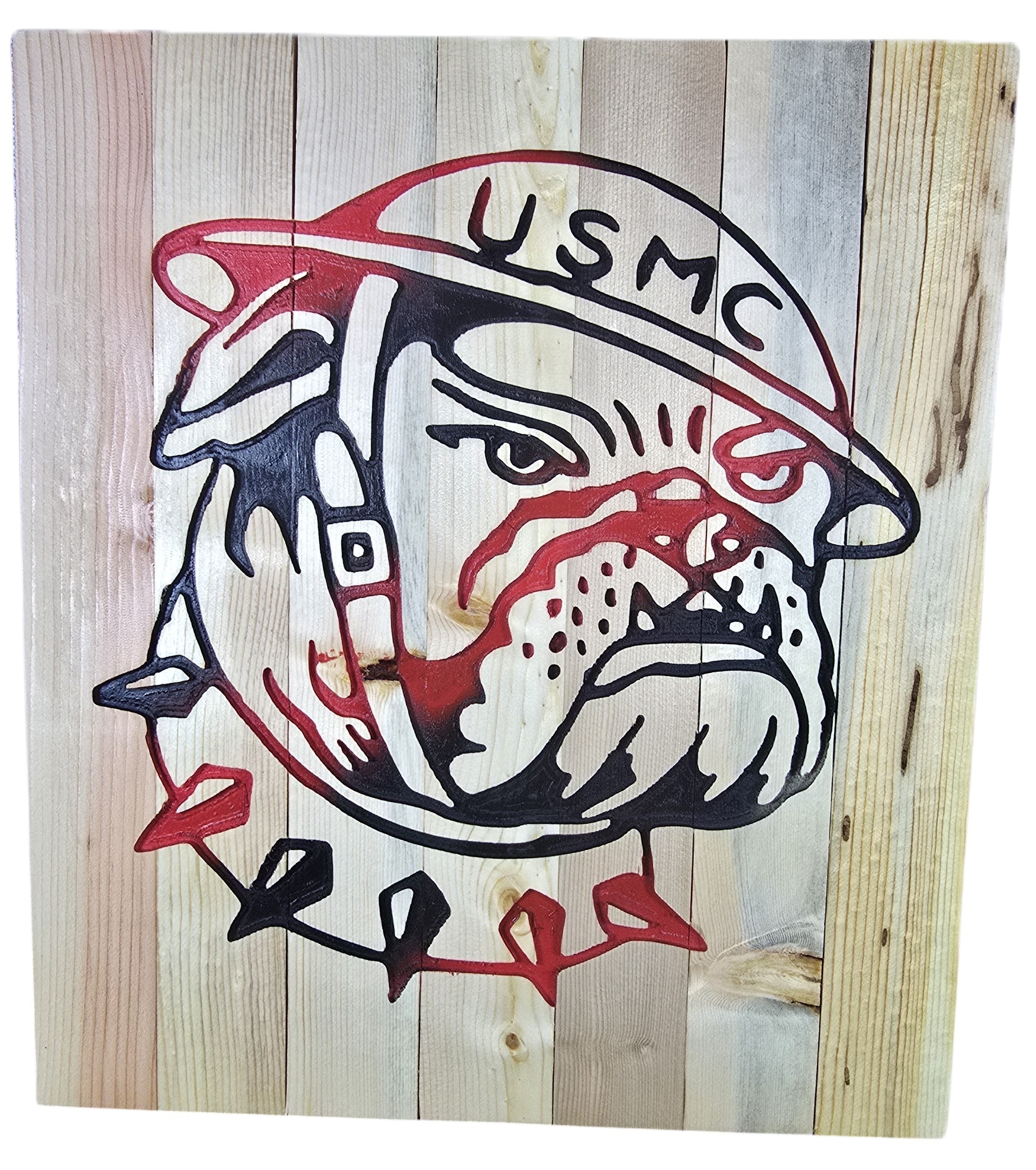 TK Wood Designs USMC bulldog wall art on natural wood planks, hand-painted with red and black.