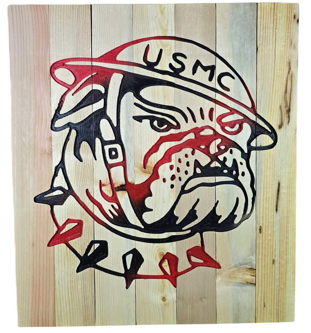 TK Wood Designs USMC bulldog wall art on natural wood planks, hand-painted with red and black.