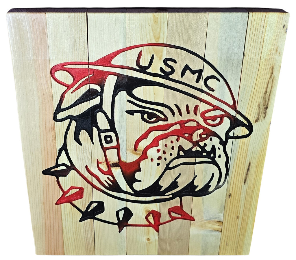 TK Wood Designs USMC bulldog wall art on natural wood planks, hand-painted with red and black.