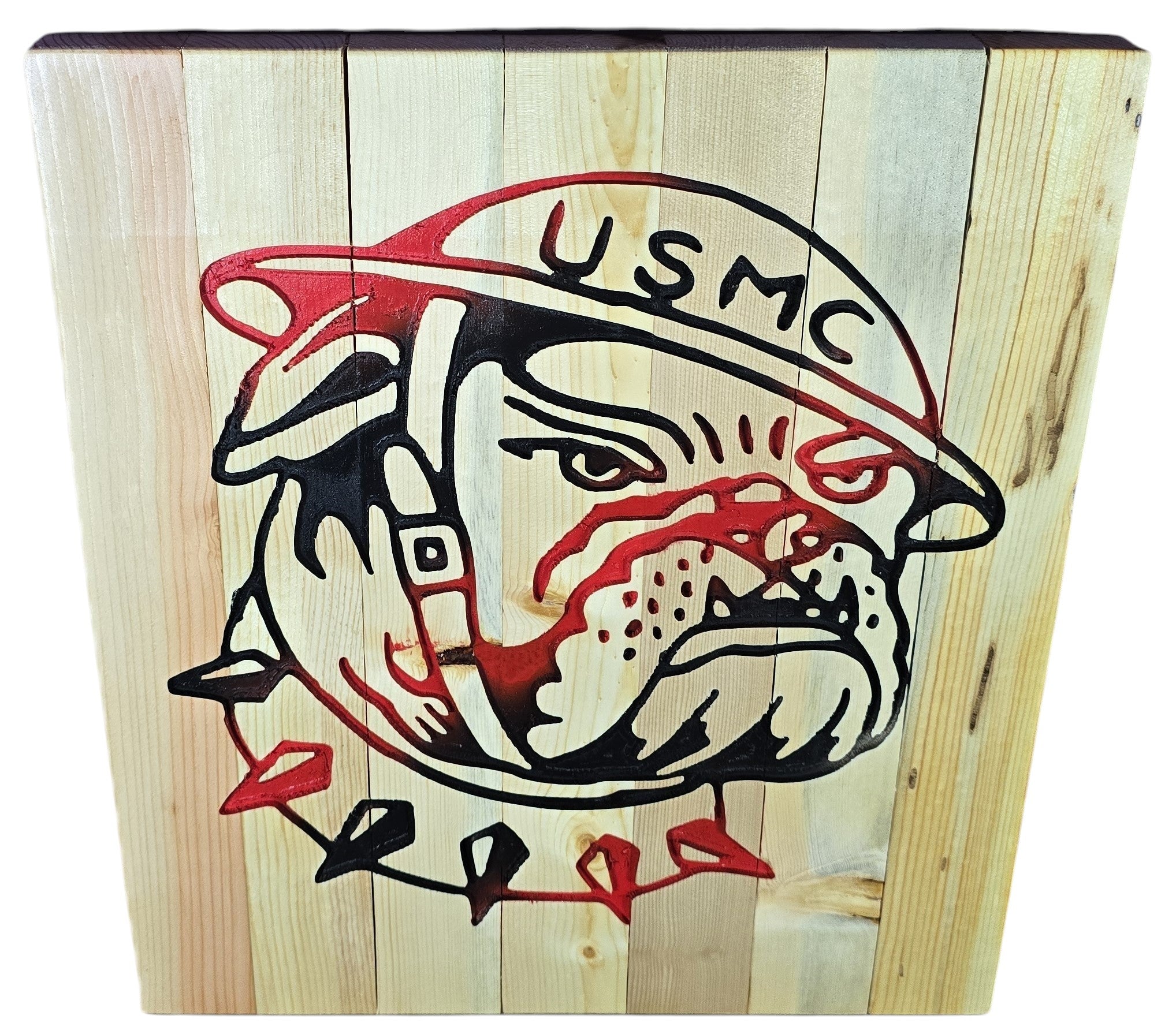 TK Wood Designs USMC bulldog wall art on natural wood planks, hand-painted with red and black.