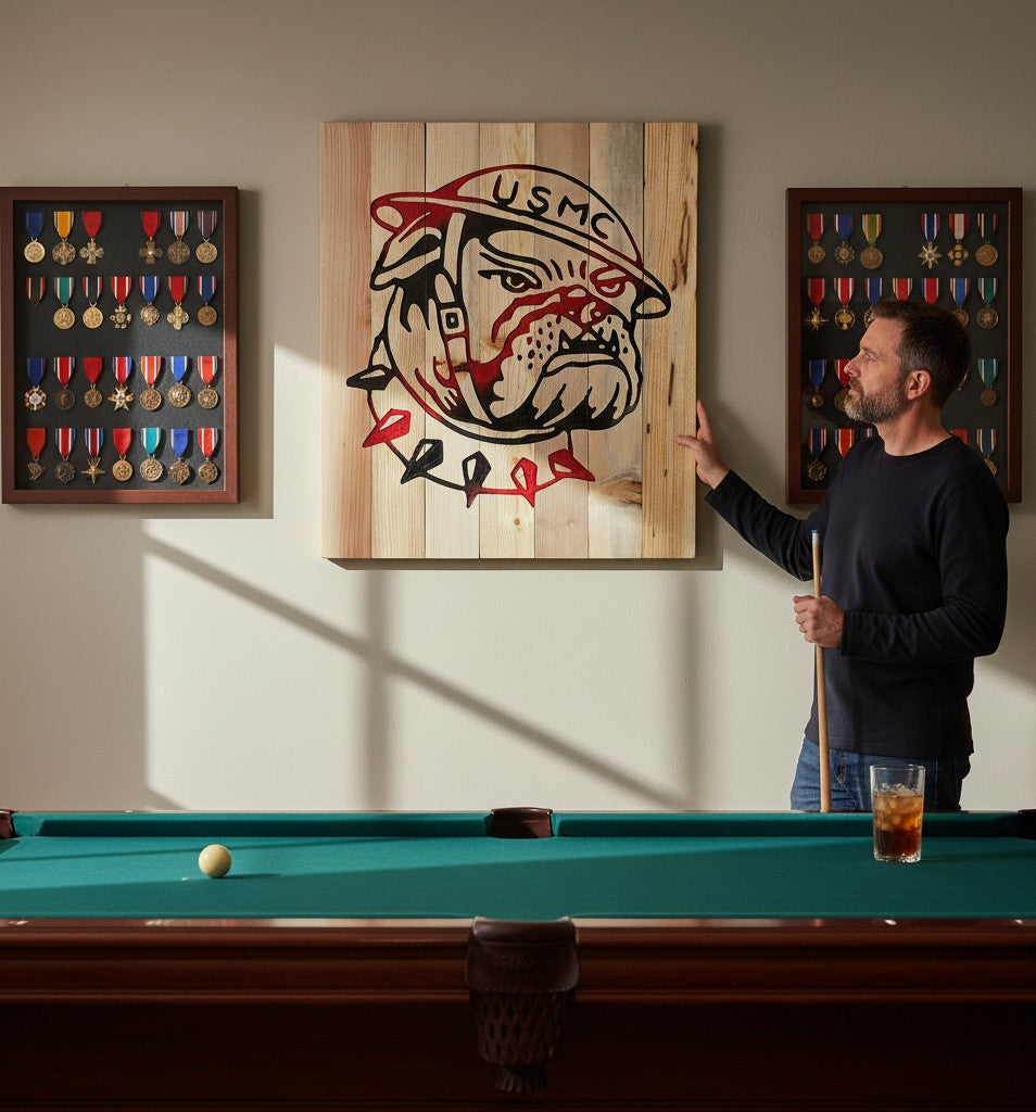 TK Wood Designs USMC bulldog logo carved into a rustic wooden sign with red and black paint.