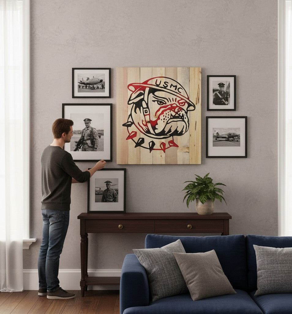 TK Wood Designs USMC bulldog logo carved into a rustic wooden sign with red and black paint.