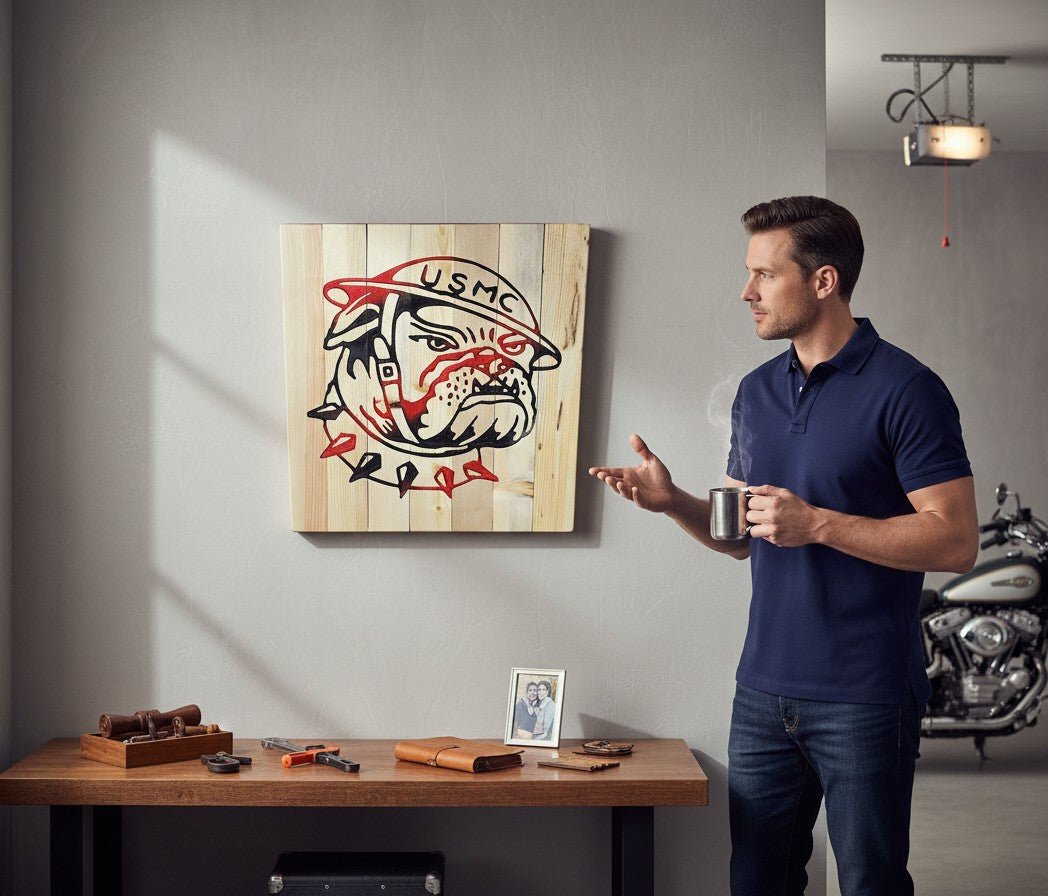 TK Wood Designs USMC bulldog logo on a rustic, light-colored wood sign. Features red and black painted details.