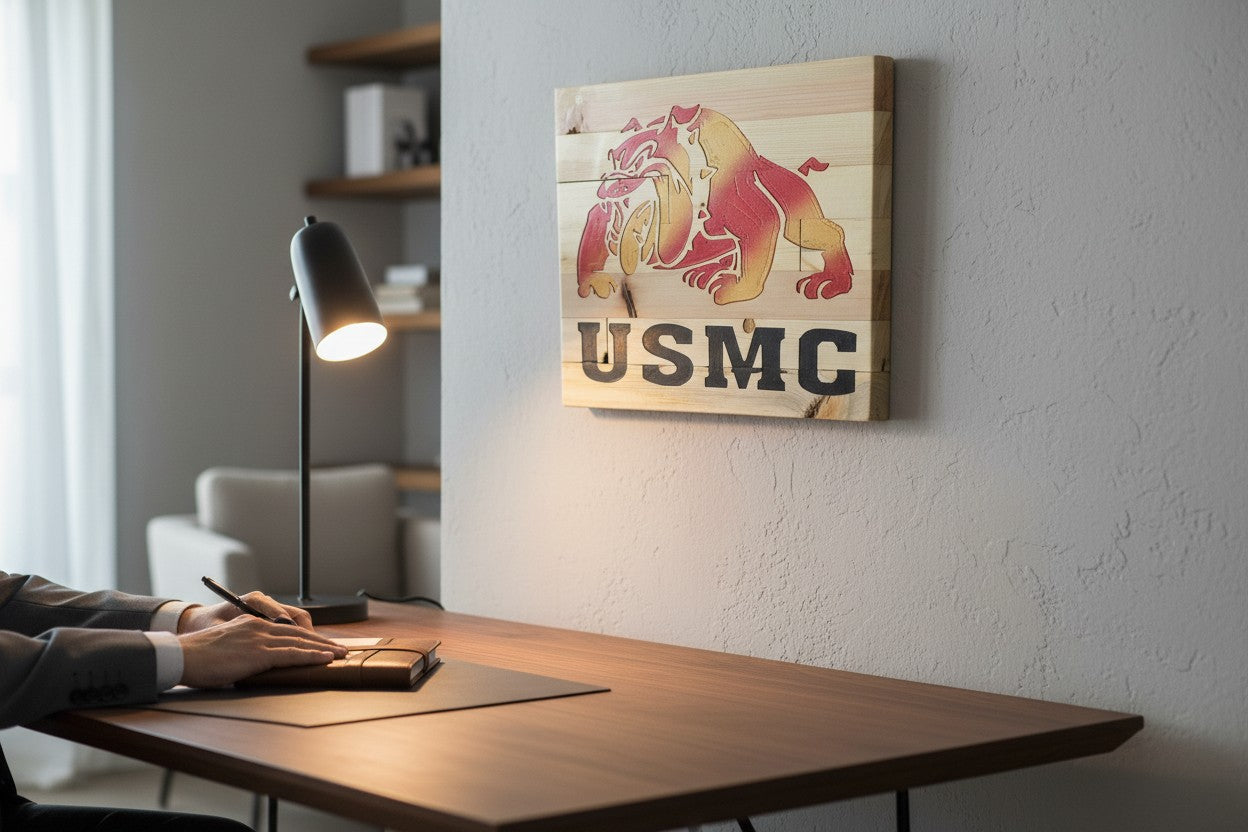 TK Wood Designs USMC bulldog logo on a rustic, light wood sign with red and gold gradient.