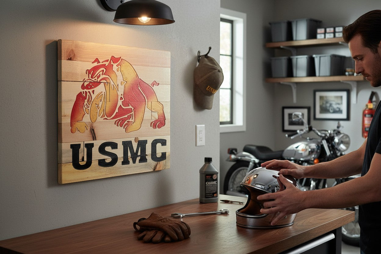 TK Wood Designs USMC bulldog wood wall art with red and yellow hues on natural wood planks.