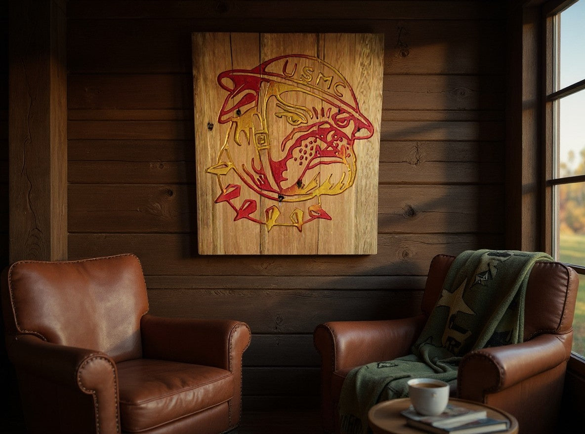 TK Wood Designs USMC bulldog wooden wall art with red and orange gradient finish hanging in a rustic room.