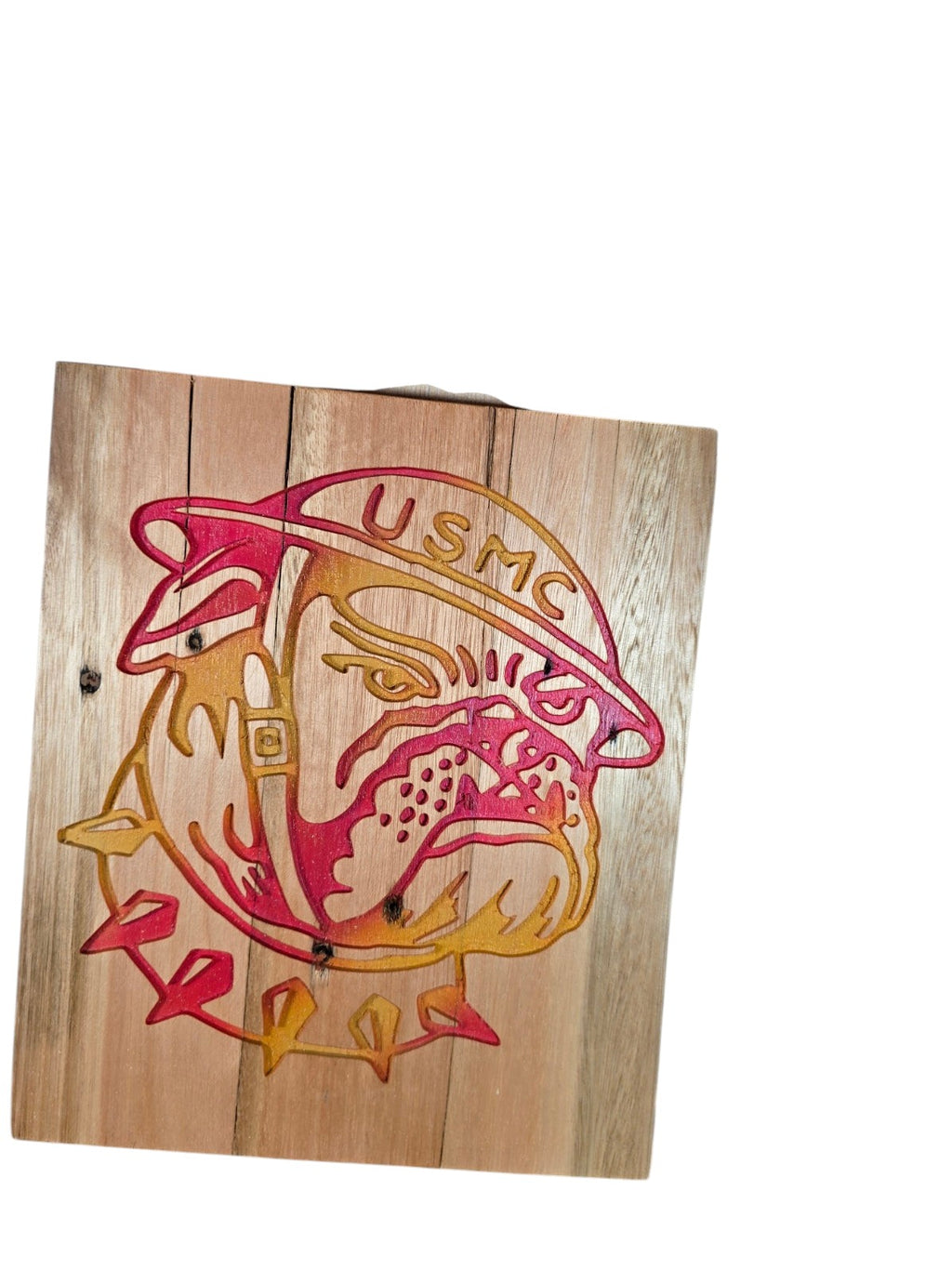 TK Wood Designs handcrafted wooden sign featuring a laser-engraved USMC bulldog mascot with red and yellow gradient.