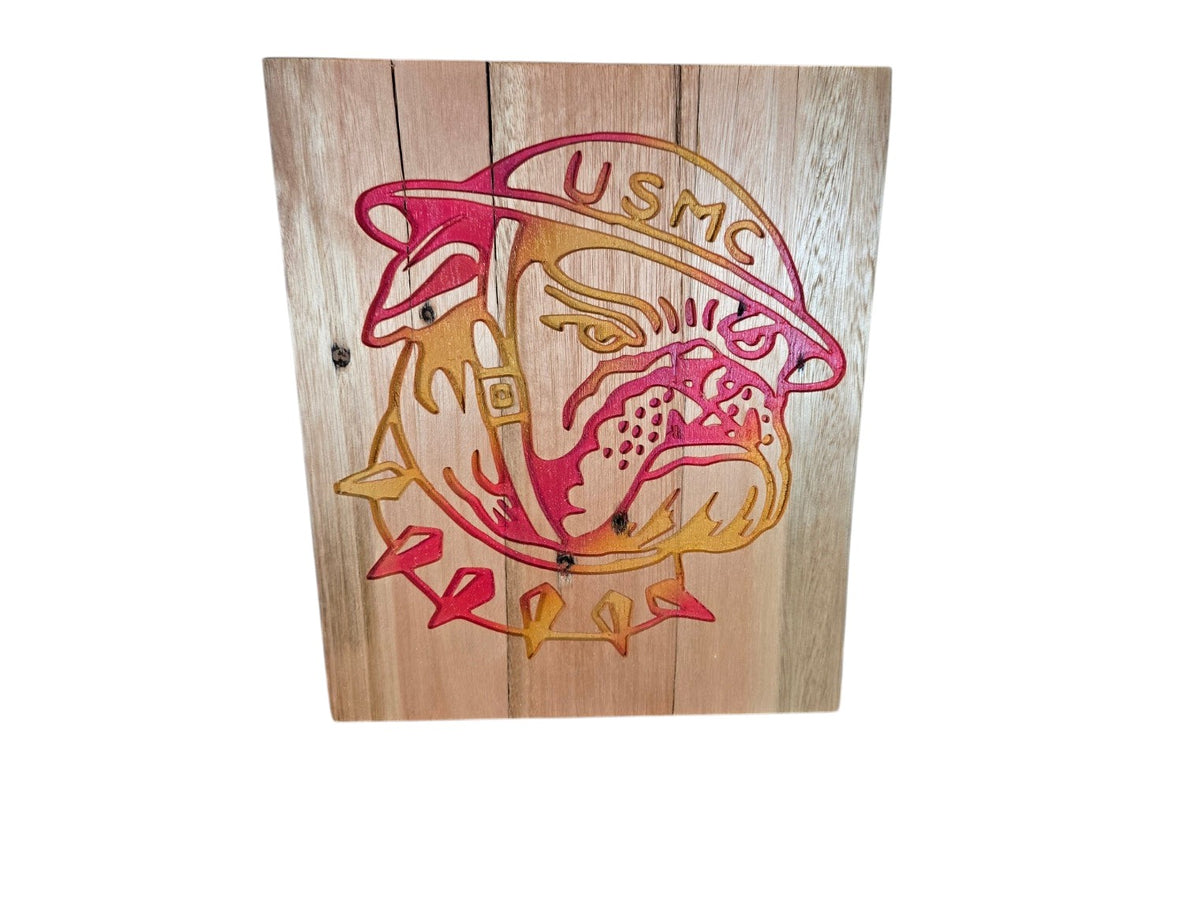 TK Wood Designs handcrafted wooden sign featuring a laser-engraved USMC bulldog mascot with red and yellow gradient
