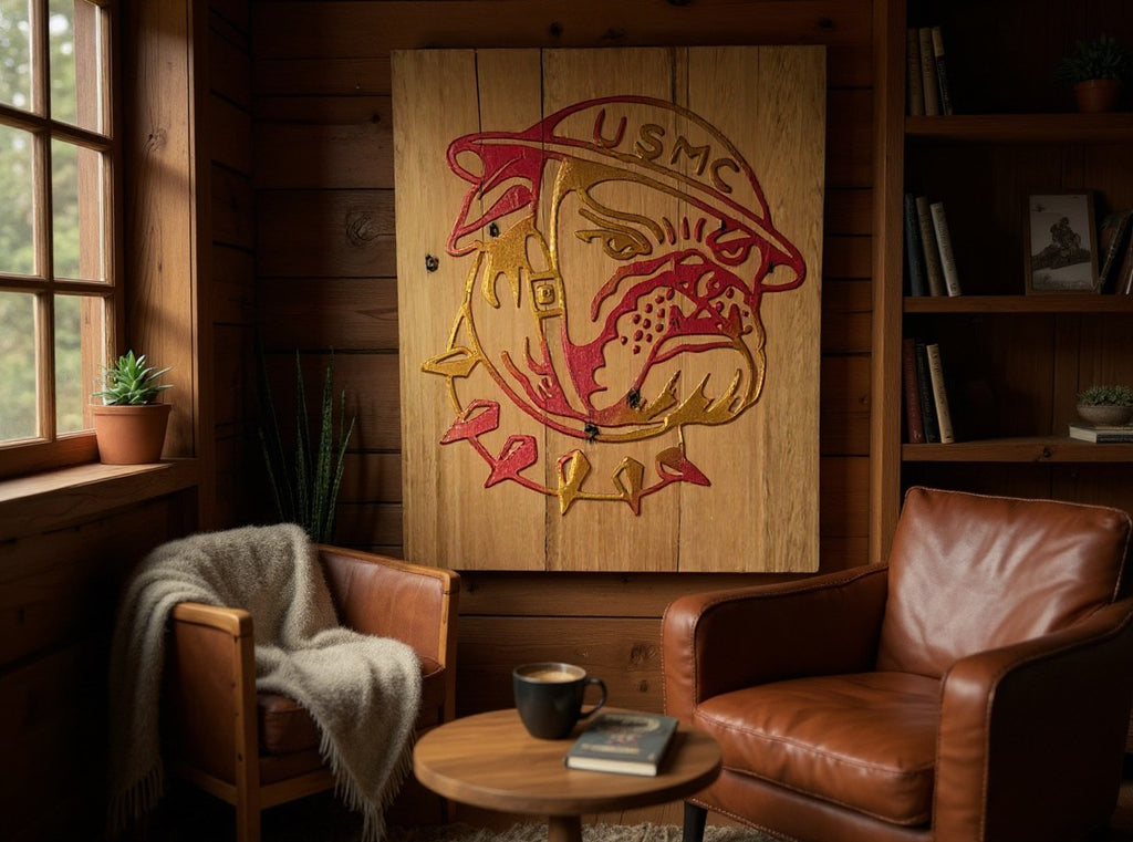 TK Wood Designs USMC bulldog wooden wall art with red and gold gradient finish mounted on a rustic wood paneled wall.