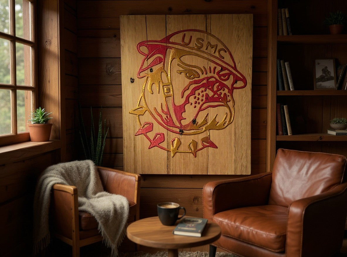TK Wood Designs USMC bulldog wooden wall art with red and gold gradient finish mounted on a rustic wood paneled wall.