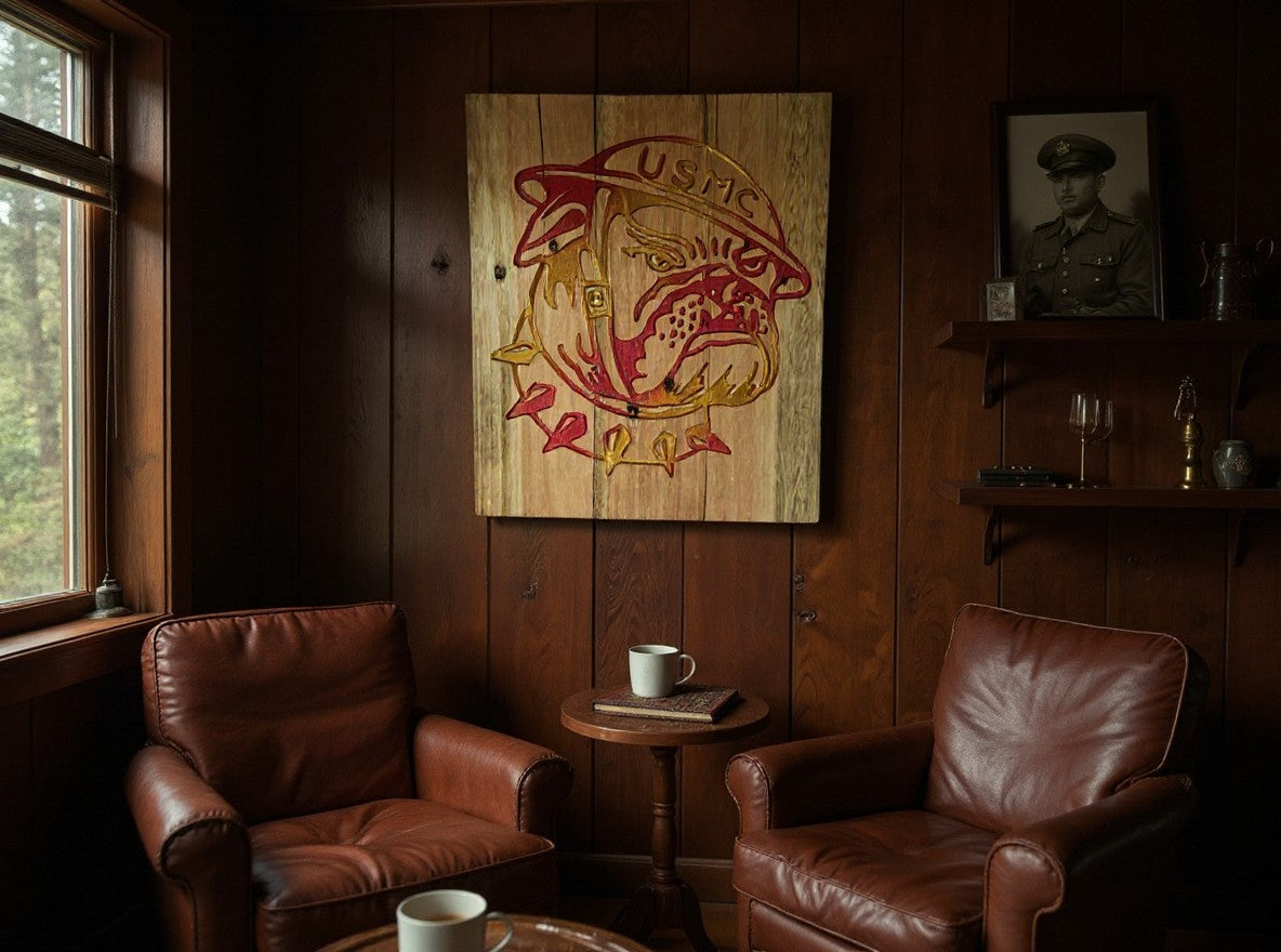 TK Wood Designs USMC bulldog wooden wall art with red and orange gradient finish hanging in a rustic wood-paneled room