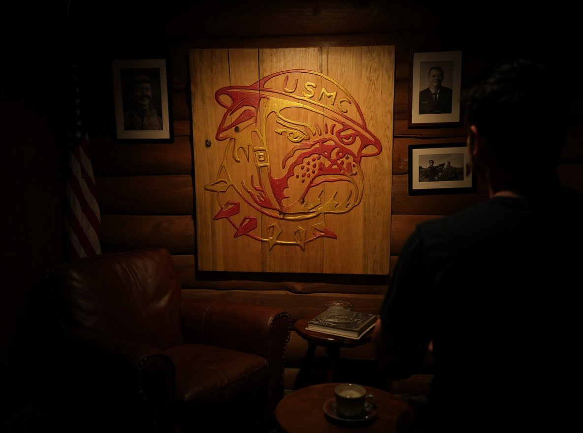 TK Wood Designs USMC bulldog wooden wall art with red and orange gradient finish displayed in a rustic den.