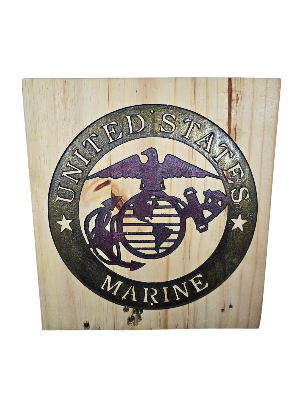 TK Wood Designs United States Marine Corps Emblem Wood Wall Art with Eagle, Globe, and Anchor in dark finish on natural wood.