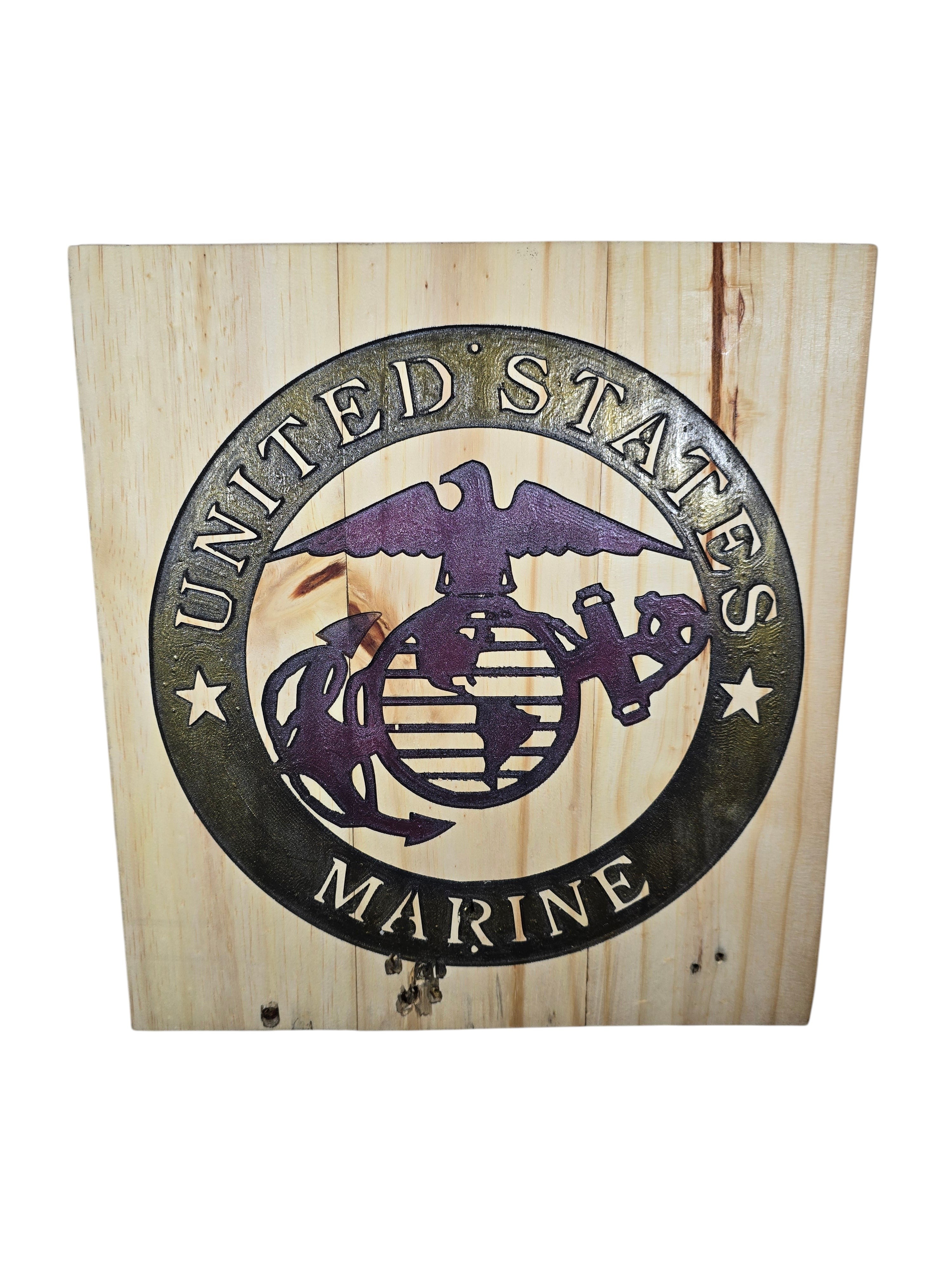 TK Wood Designs United States Marine Corps Emblem Wood Wall Art with Eagle, Globe, and Anchor in dark finish on natural wood.