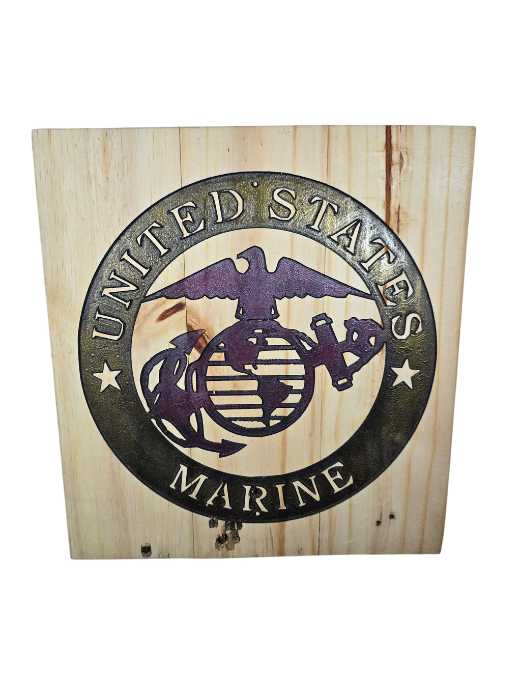 TK Wood Designs United States Marine Corps emblem wood wall art with Eagle, Globe, and Anchor in dark finish on natural wood.