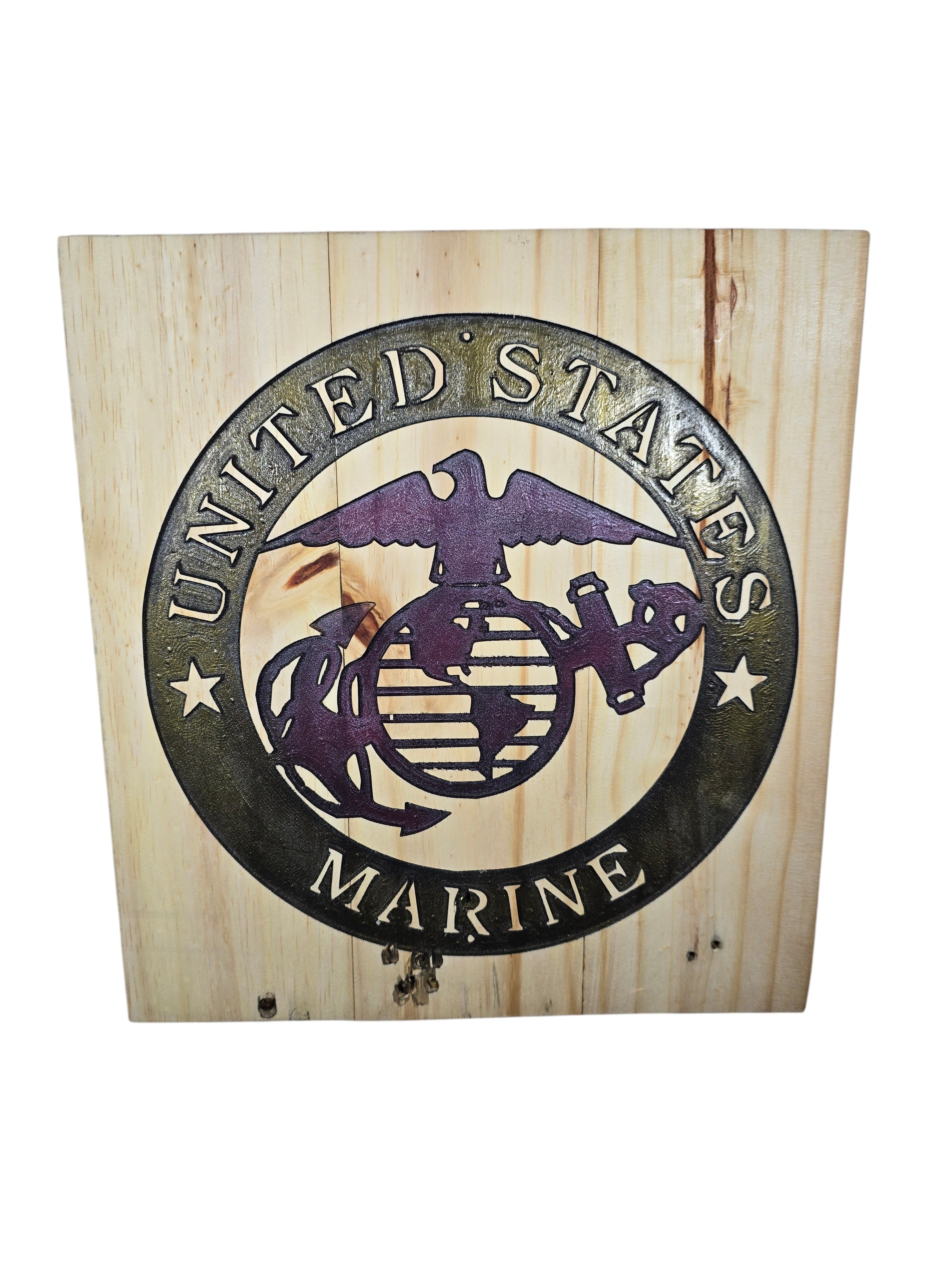 TK Wood Designs United States Marine Corps emblem wood wall art with Eagle, Globe, and Anchor in dark finish on natural wood.