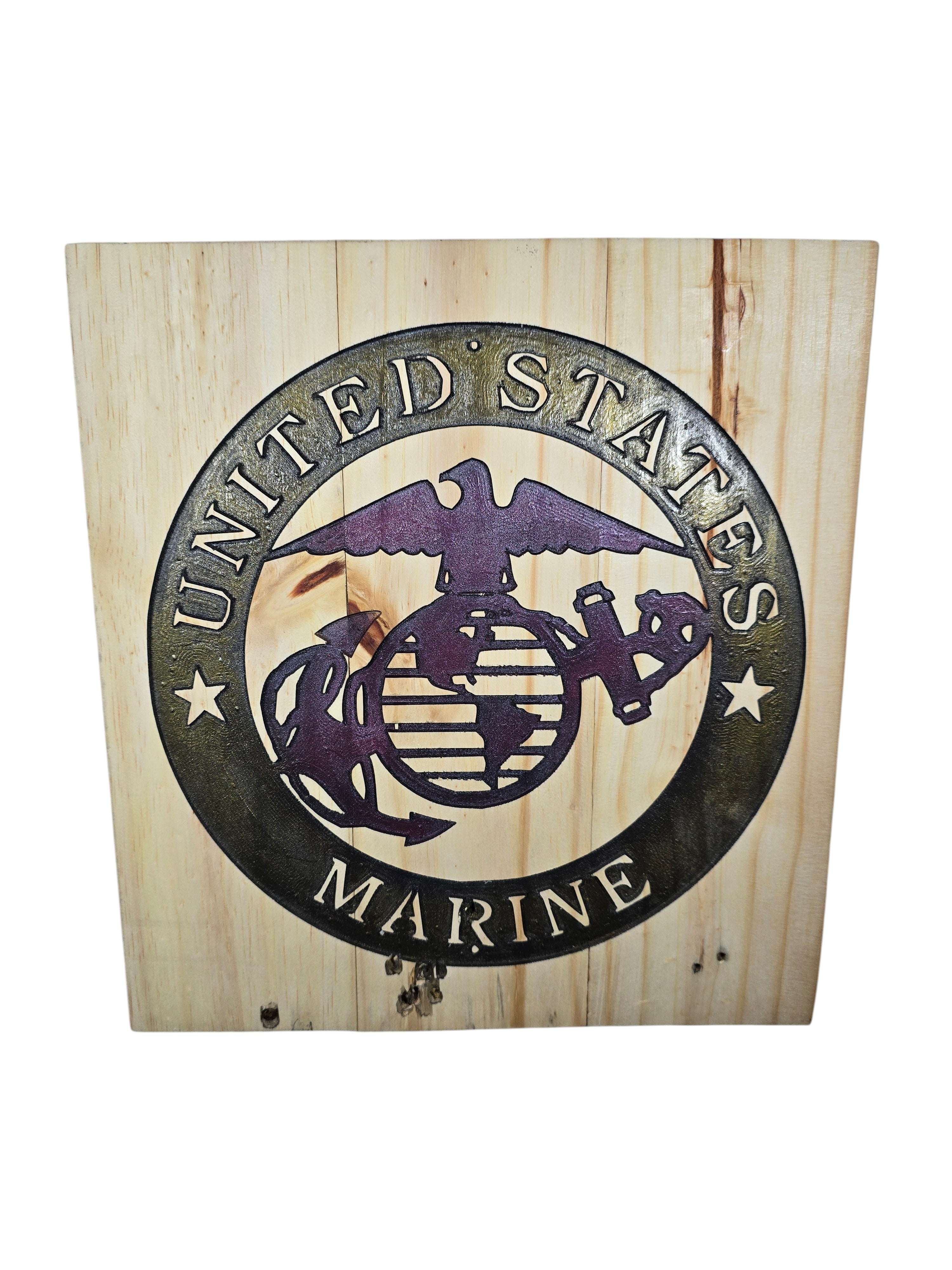 TK Wood Designs United States Marine Corps Emblem wood wall art with Eagle, Globe, and Anchor in dark finish on natural wood.