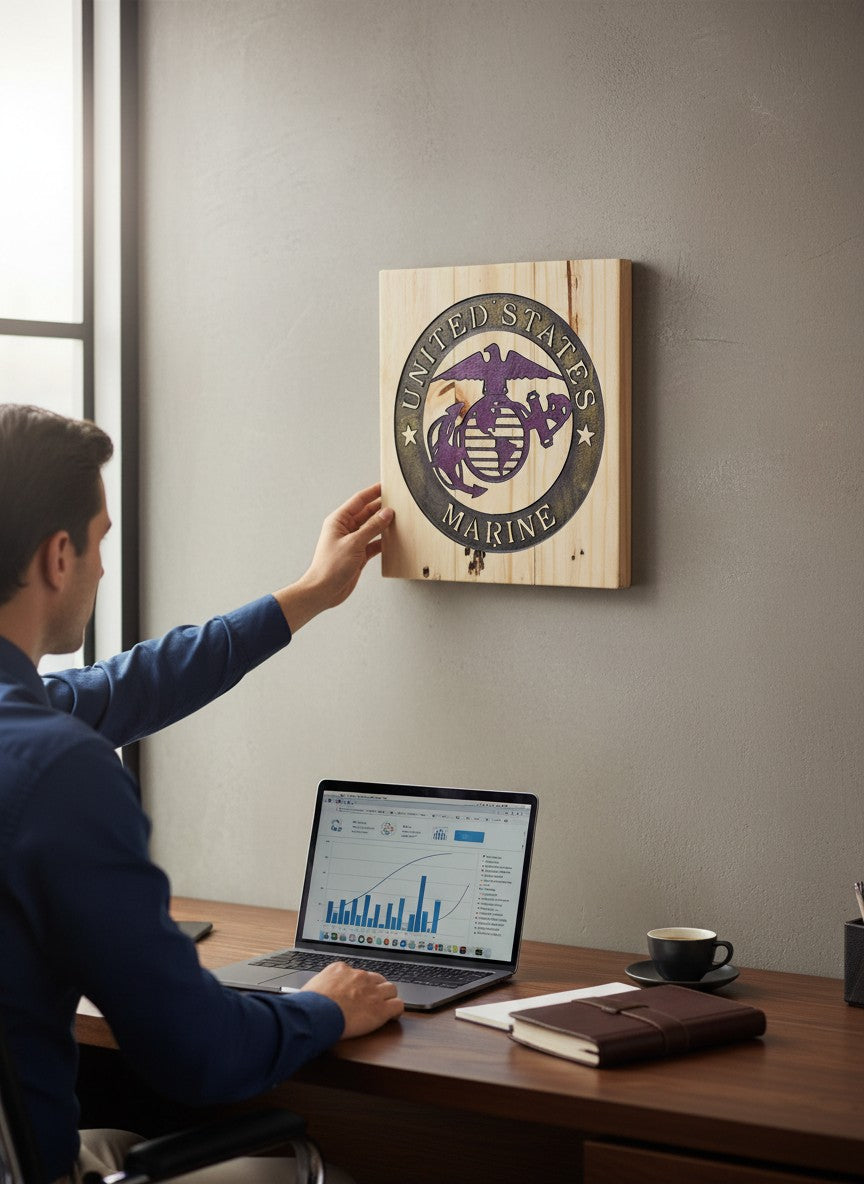 TK Wood Designs United States Marine Corps emblem carved into light-colored wood.