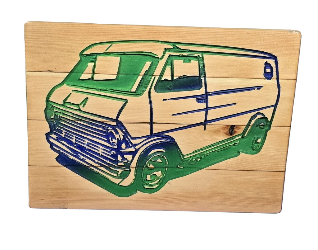 TK Wood Designs reclaimed wood sign carved with a blue and green vintage van. Industrial, rustic decor.