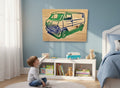 TK Wood Designs reclaimed wood sign featuring a blue and green carved van. Rustic industrial decor.