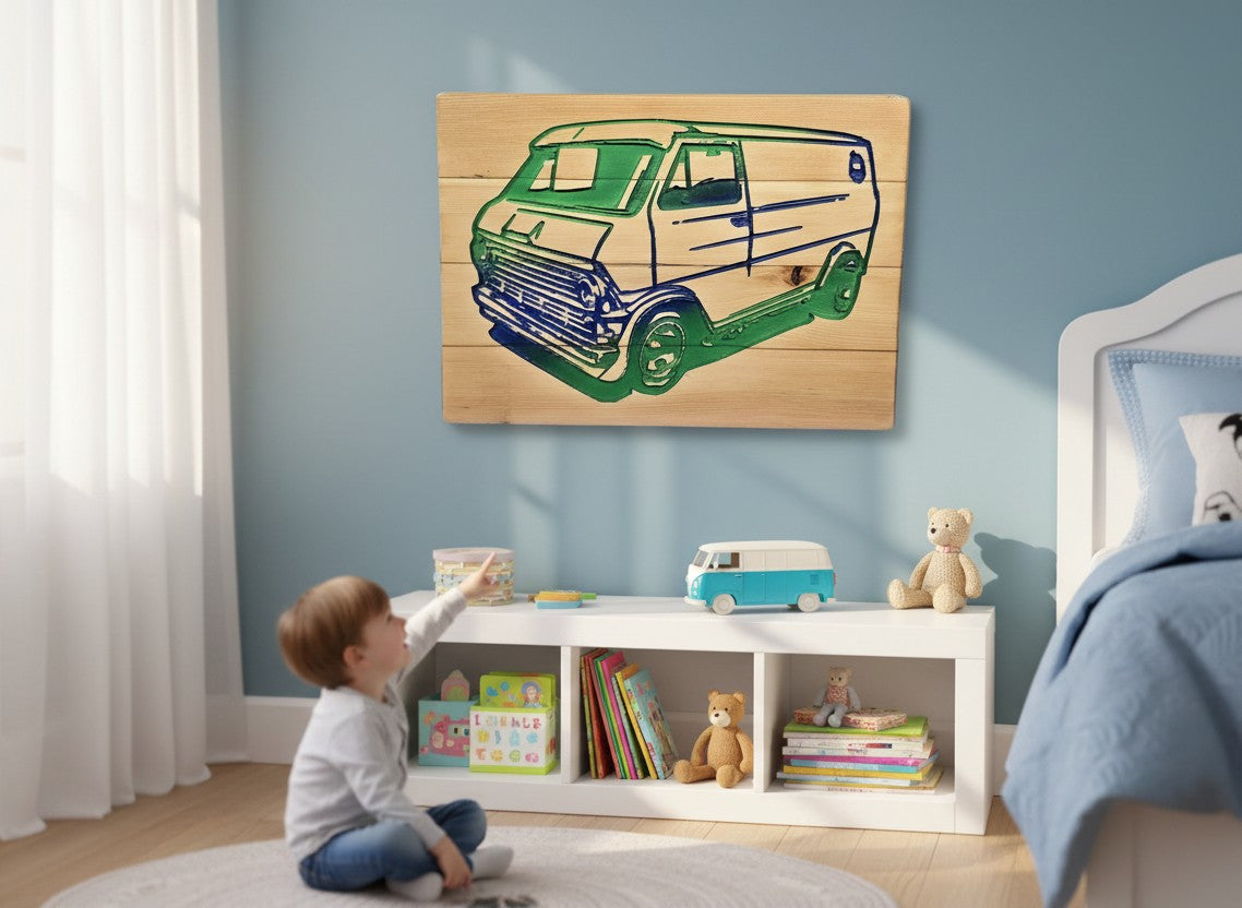 TK Wood Designs reclaimed wood sign featuring a blue and green carved van. Rustic industrial decor.